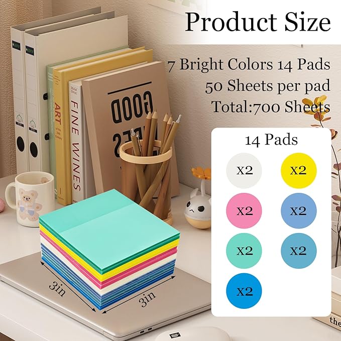 Transparent Sticky Notes Set, 14 Pack Clear Notes 3x3 Inch, Writable Translucent Memo Pads 700 Sheets for Office & School Supplies (14, Colorful)