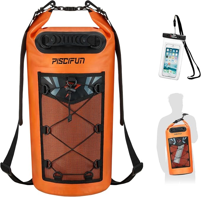 Piscifun Dry Bag, Waterproof Floating Backpack 10L/20L/30L/40L | Waterproof Phone Case, Adjustable shoulder straps, Roll-top closure keeps gear dry, Ideal for Boating, Kayaking, Fishing