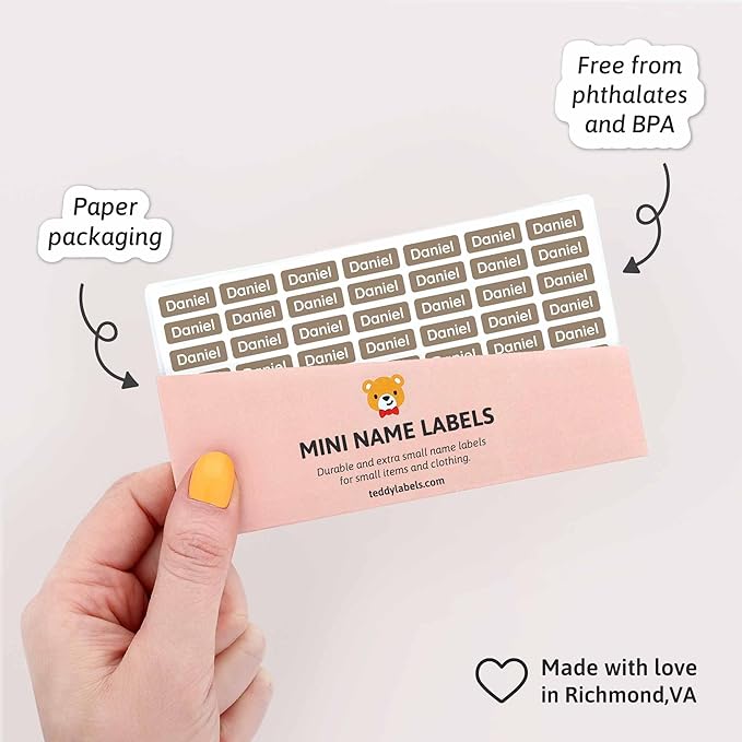 Mini Name Labels (175) - Custom Personalized Name Labels for Labeling Tiny Items, Washer and Dryer-Safe Waterproof Labels for Daycare, Preschool, and School - Brown
