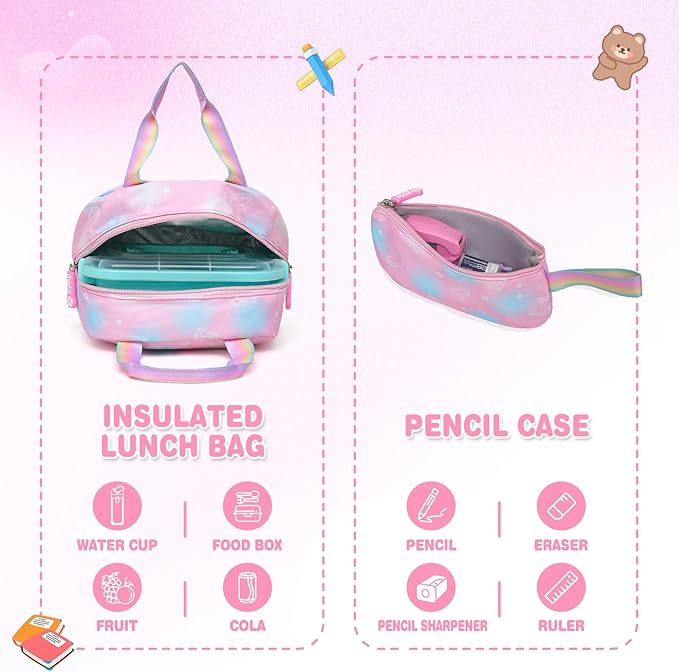 Alrisg Girls Backpack for Kids Elementary Middle School Cute Student Bookbag School Bag Pink Set