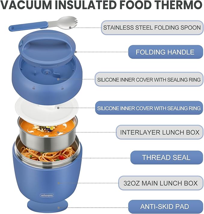 wiwens Thermo Food Jar for Hot Food Adults 32OZ Soup Thermo Lunch Containers Wide Mouth Vacuum Insulated Stainless Steel Leakproof Bento Box with Spoon