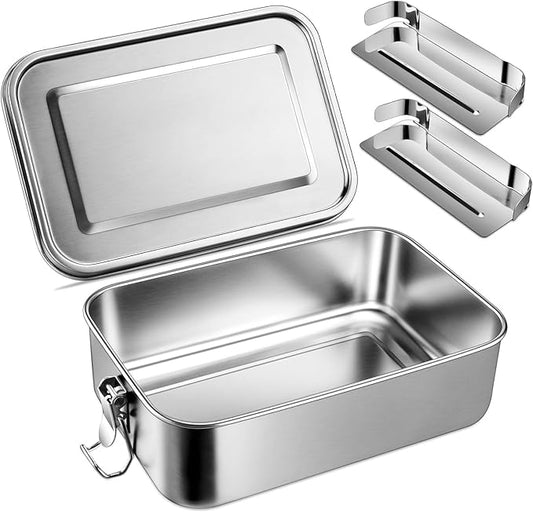 Leonyo 47oz 18/10 Stainless Steel Lunch Box, 1400ml Metal Bento Box for Adults with 2 Dividers, Leak-Proof Bento Snack Containers for Women Man, Dishwasher Safe, Oven Safe Except for Lid