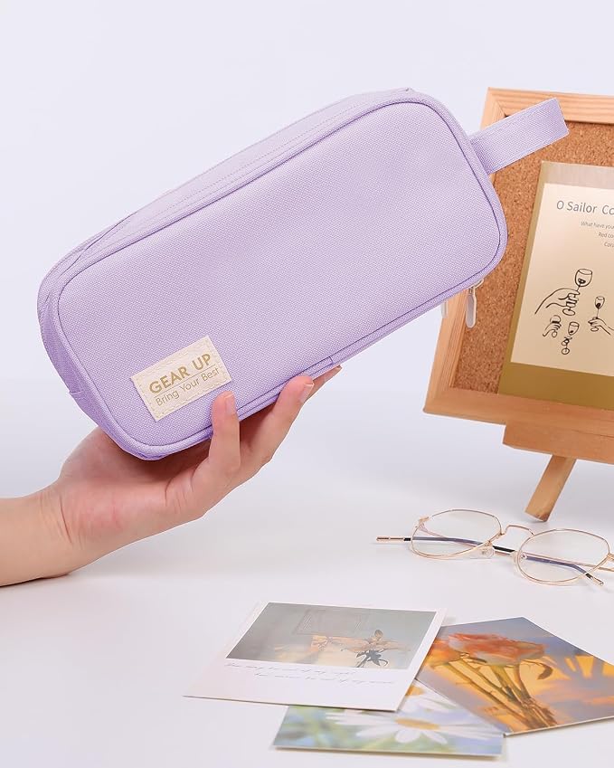 SKYDUE Large Capacity Pencil Case with Handle, 3 Compartment Canvas Pencil Pouch, Cute Soft Color Pencil Bag for Pens, Markers, Aesthetic Stationery and Organizer for Teen Girls Adult, Purple