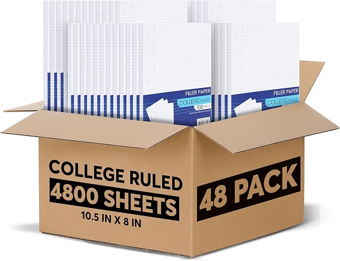Notebook Paper College Ruled, Loose Leaf Paper College Ruled Notebook Paper Bulk, Lined Filler Paper for 3 Ring Binders -10.5 X 8”, for College, School Classroom - 100 Sheets/Pack (Bulk Buy - 48 Pack)