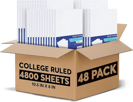 Notebook Paper College Ruled, Loose Leaf Paper College Ruled Notebook Paper Bulk, Lined Filler Paper for 3 Ring Binders -10.5 X 8”, for College, School Classroom - 100 Sheets/Pack (Bulk Buy - 48 Pack)