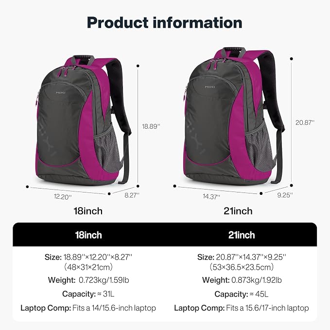 mixi 31L Ultra Lightweight Waterproof Travel Backpack, 18 inch Casual Daypack for Men Women, Durable Spacious Bag for Travel, Sports, Camping, Hiking & College, Rose Red