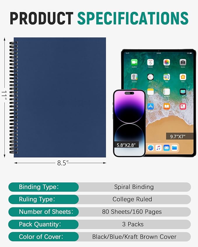 Dynta Spiral Notebooks 8.5 "x 11" Lined 3Pcs College Ruled Journals for Work, School And Travel, Good for Men and Women, 160 Pages/80 Sheets, with 100 GSM Lined Paper(Blue)