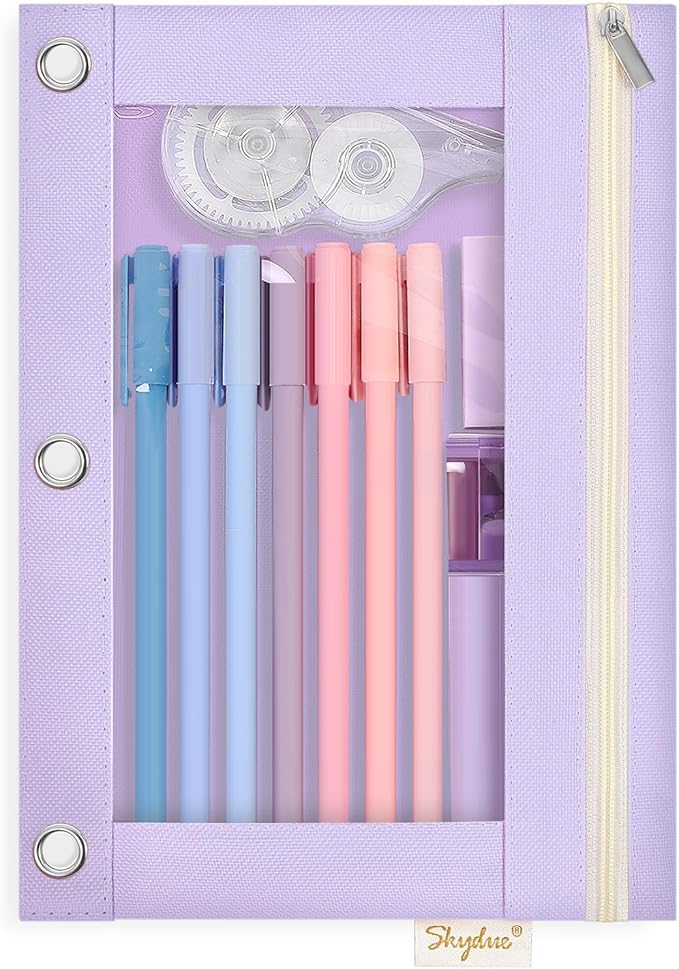 SKYDUE Pencil Pouch for 3 Ring Binder, 9.8" x 7.3" Clear Window Pencil Bag | Zipper Pencil Pouches for Girls Boys, Pencil Pouch with 3 Reinforced Grommets, Durable Organizer for School Supplies