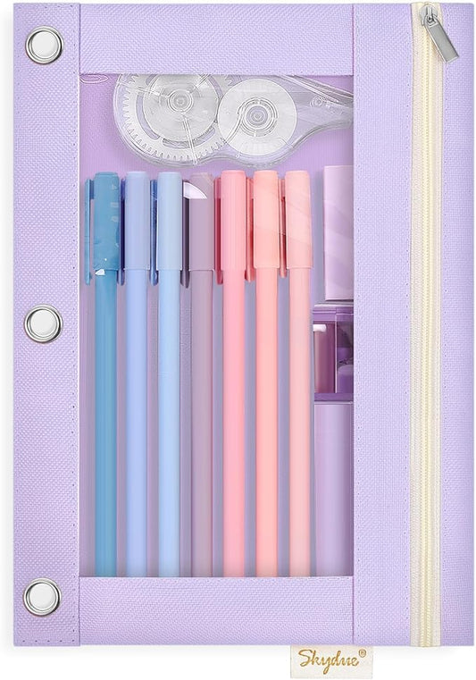 SKYDUE Pencil Pouch for 3 Ring Binder, 9.8" x 7.3" Clear Window Pencil Bag | Zipper Pencil Pouches for Girls Boys, Pencil Pouch with 3 Reinforced Grommets, Durable Organizer for School Supplies