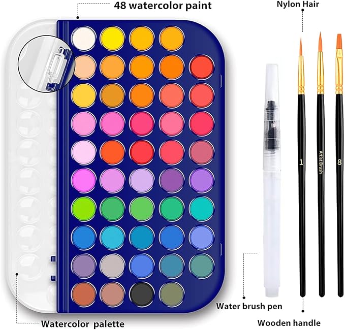 GETHPEN Watercolor Paint Set, 48 Colors Non toxic Watercolor Paint with a Brush Refillable a Water Brush Pen and Palette, Washable Water Color Paints Sets for Adults Artist Beginner