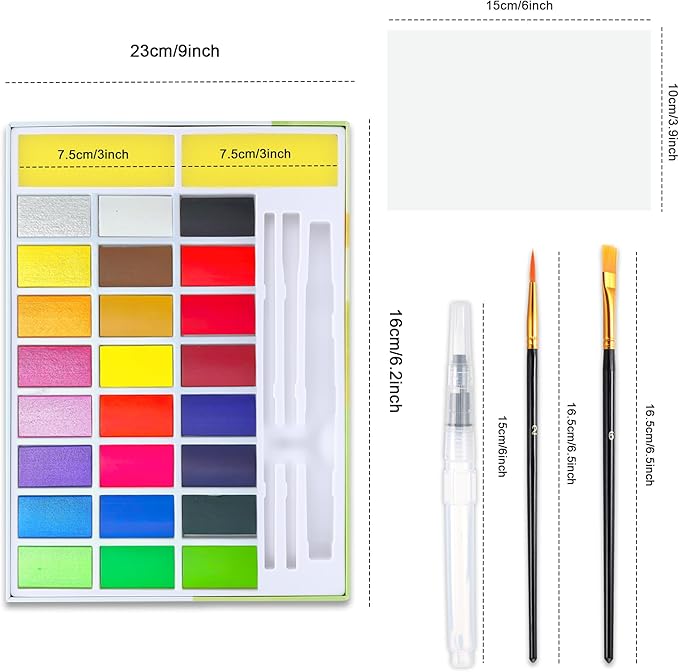 24 Colors Large Block Watercolor Paint Set for Watercolors Workbook, Portable Water Colors Paint Kit with 2 Paintbrushes 1 Waterbrush, for Painting Beginners & Professional Amateur Hobbyists