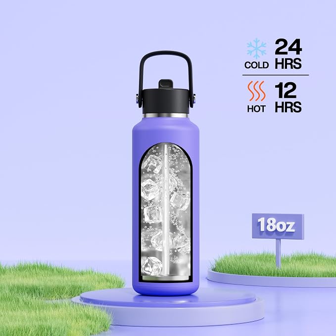 POWCAN 18oz Travel Water Bottle: Leakproof, Keep Cold 24H, BPA-Free, Lid with Handle, Insulated Water Bottle with Straw for School, Outdoors, Running, Camping, Gym, Playground, Teens (Violet's Tale)