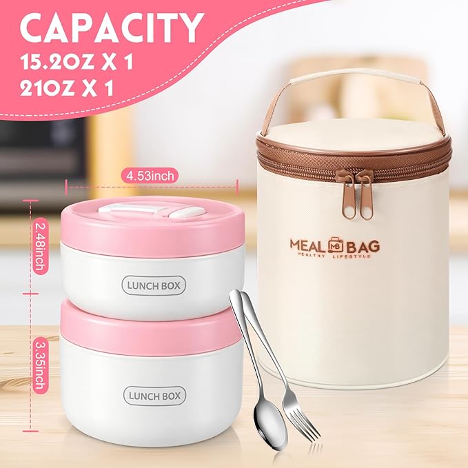 Dandat 2 Pcs Portable Insulated Lunch Containers Thermal Bento Box with Bag Fork Knife Microwavable Stainless Steel Lunch Box 15.2 oz 21 oz Separate Stackable Food Jar for Adult Men Women(Pink)