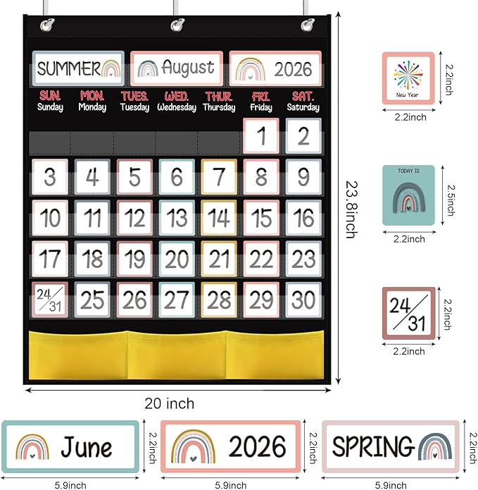 Black Classroom Calendar Pocket Chart with 89 Cards for Students Kids Large Classroom Calendar Pocket Chart for Home School Teacher Supplies (Rainbow Theme)