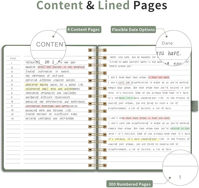 EMSHOI A5 Spiral Notebook College Ruled, Thick 300 Numbered Pages 100GSM Ink-Proof Paper, Faux Leather Hardcover Lay-Flat Lined Journal for Work Office School Writing, 5.7"x8.22", Light Green