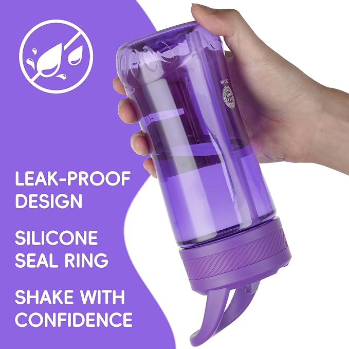 14oz Clear Kids Water Bottle with Straw Lid, BPA-Free Tritan, Measurement Scale, Sturdy Handle Wide Mouth Leak-proof Reusable Plastic Bottle for Boy& Girls, Back to School(Dark Purple)