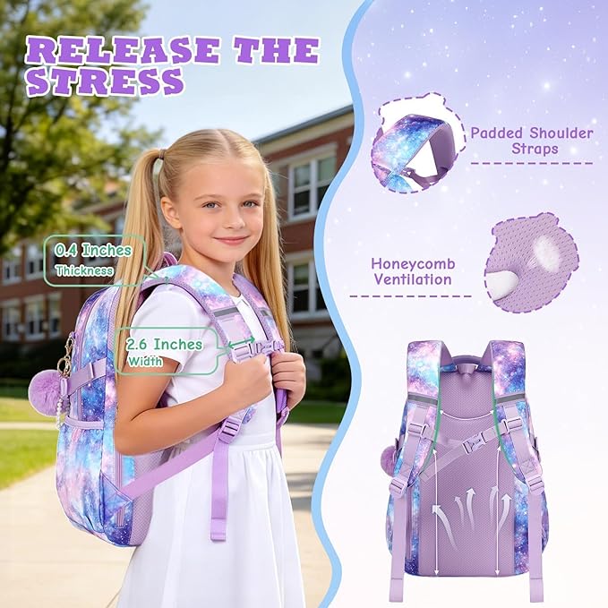 MOONBABY Kids Backpack for Girls, Fits 15.6 Inch Laptop Large Capacity School Bookbag, Girls Backpack with Lovely Pendant, Back to School Bag for Elementary Primary Students Teen Ages 6-12, Purple