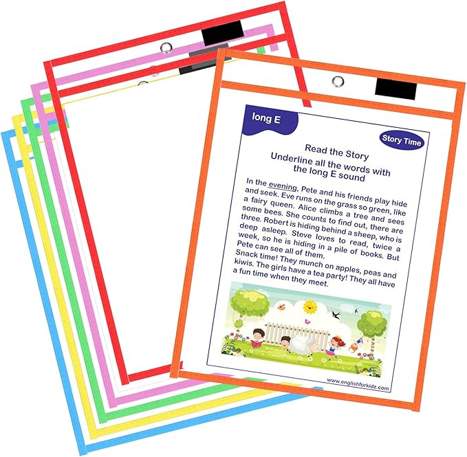 Ufamrine 6 Pcs Dry Erase Pockets Sleeves Colorful, Job Ticket Holders (10" * 13"), Reusable Plastic Sleeves for Teacher Classroom