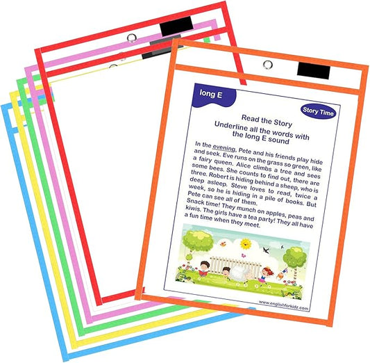 Ufamrine 6 Pcs Dry Erase Pockets Sleeves Colorful, Job Ticket Holders (10" * 13"), Reusable Plastic Sleeves for Teacher Classroom