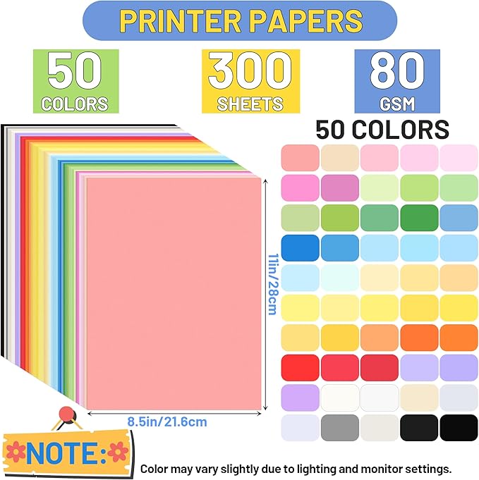50 Colors Construction Paper 300 PCS, 8.5x11 in Bulk Colored Paper for Crafts - 80GSM Thick Cardstock for Printing, Layering, Embossing - DIY Art Supplies for Cards, Invitations, School Projects