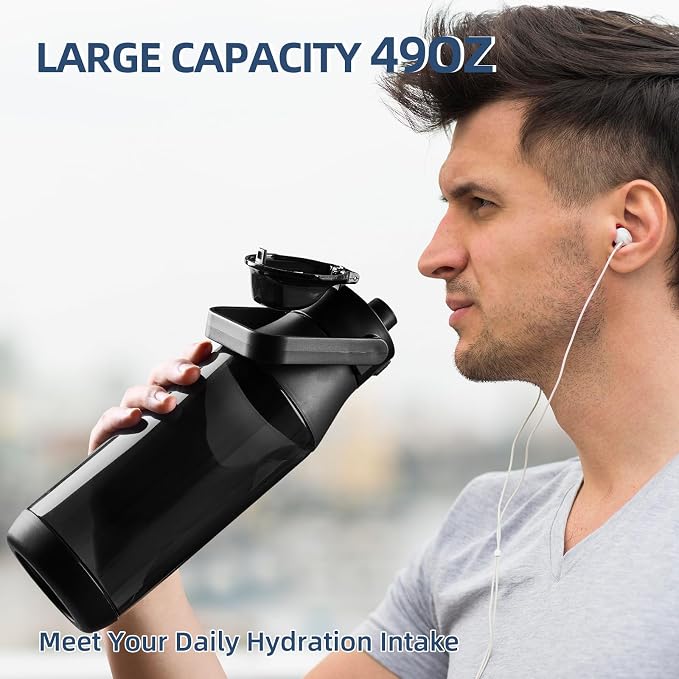 49oz Motivational Sports Water Bottle with Handle - Tritan, BPA Free, Leakproof, Wide Mouth, Fast-Flow Spout Lid for Gym, School, Office, Travel