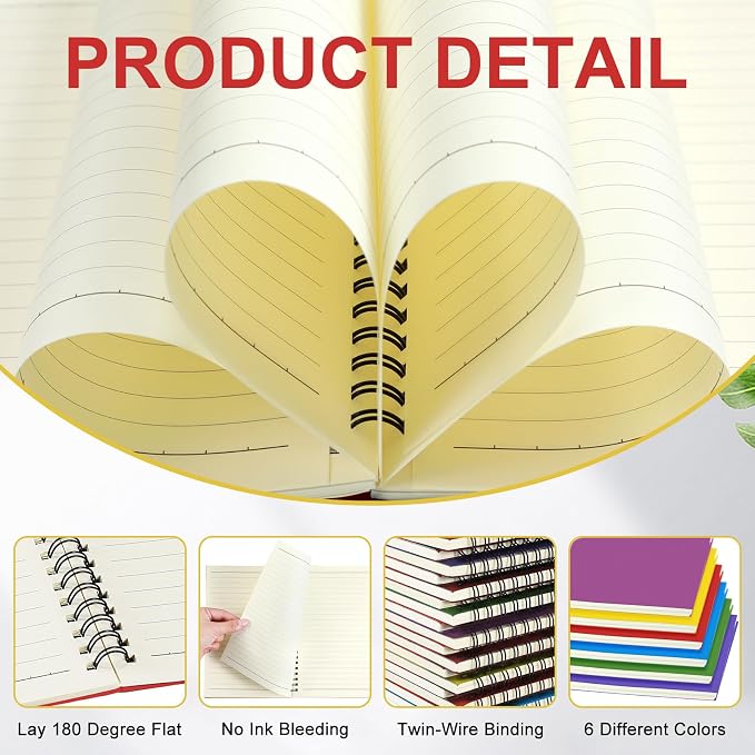 Yahenda 6 Pcs Spiral Notebooks, 1 Subject, Wide Ruled, Mixed Colors