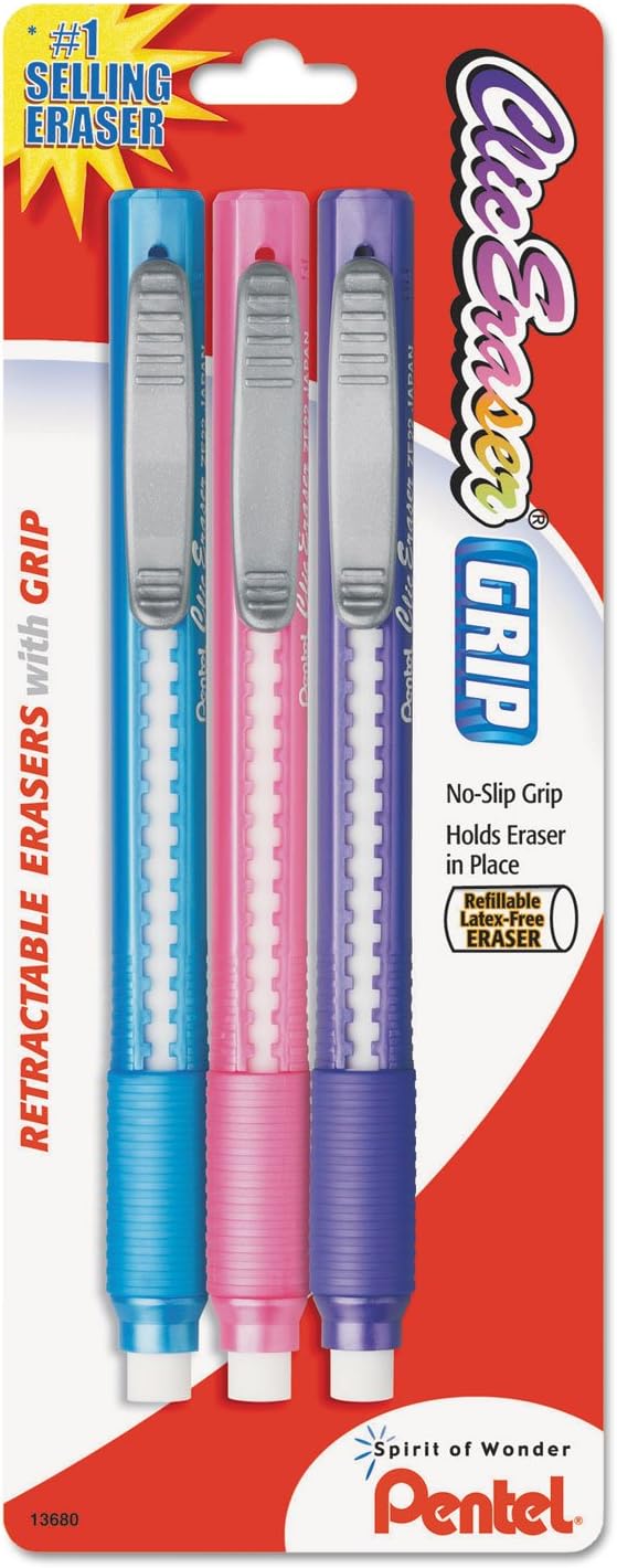 Pentel ZE21TBP3M Clic Eraser Pencil-Style Grip Eraser Assorted 3/Pack, Polyvinyl Chloride (PVC)