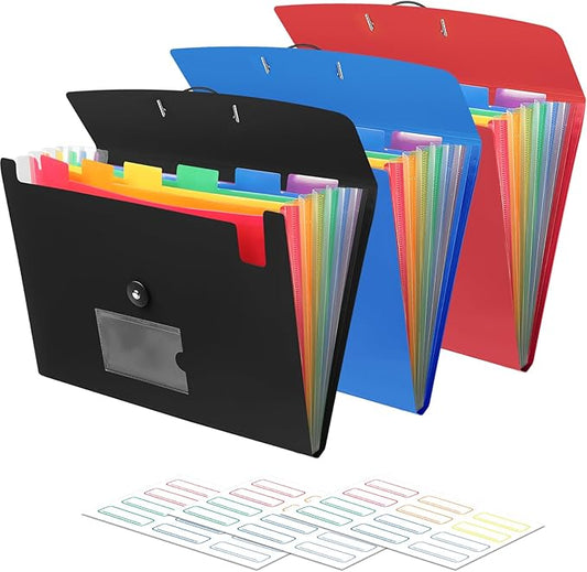 3 Pack 7 Pocket Accordian File Organizer, Expanding File Folder with Labels, Plastic Expandable File Folder for Documents Letter Size A4 Papers