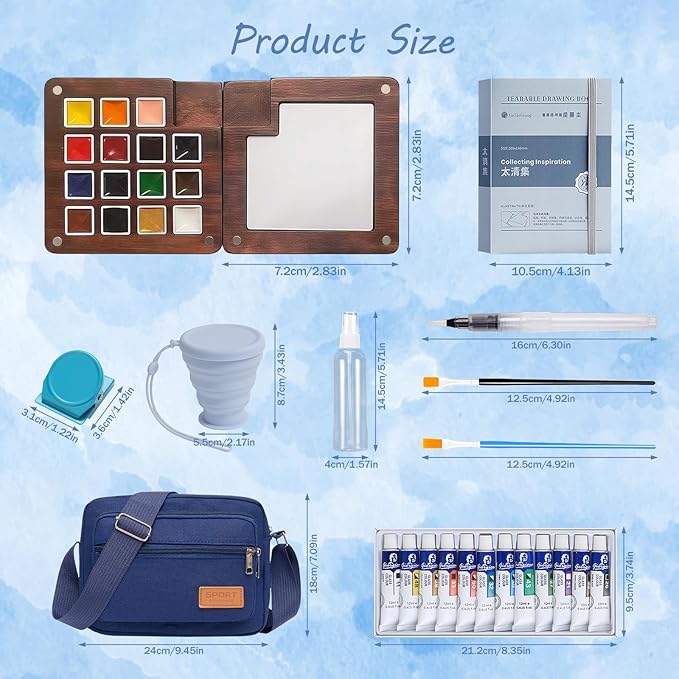 Mini Watercolor Travel Set, 12 Colors Portable Outdoor Art Kit with Walnut Wood 15-Panel Palette, Crossbody Bag, Watercolor Journal, Metal Clip, Water Cup & Brush Ideal for Artists & Beginners