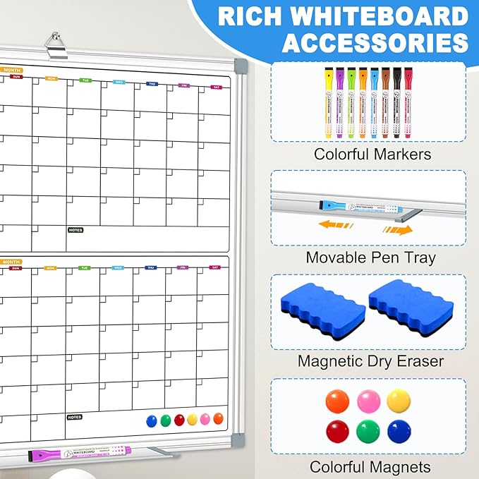 Calendar Whiteboard for Wall 36" x 24", 4 Month Magnetic Calendar Dry Erase Board, Planning Board Bulletin Board Portable Board for Office, School, Home Organization