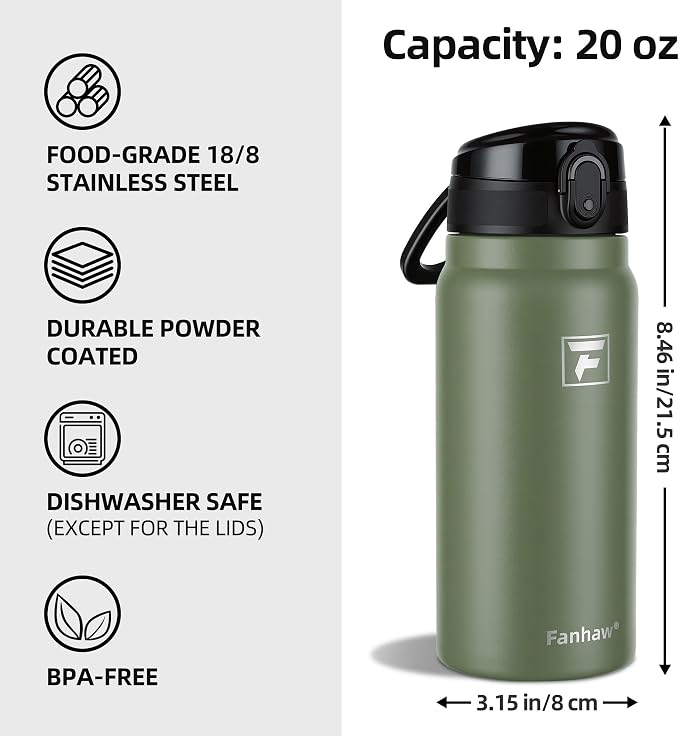 Fanhaw 20 Oz Insulated Stainless Steel Water Bottle with Chug Lid – Wide Mouth, Leak-Proof, BPA-Free – Ideal for Kids, Adults, Sports, Gym, and Outdoor Use (Olive Green)