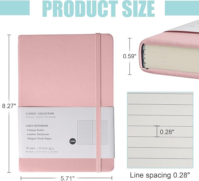 Lined Journal Notebook – Hardcover Notebook for Men & Women – Journals for Writing, Work, School, Home & Daily Notes, 160 Pages – Medium A5, 5.7"x8", 100 gsm Thick Paper (Pink)