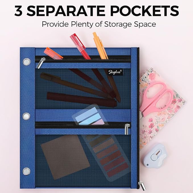 SKYDUE Pencil Pouch for 3 Ring Binder, 3 Pockets and Mesh Window | Zipper Pencil Pouch Pencil Bag with 3 Reinforced Grommets, Durable Organizer for School Supplies, Cables, Earbuds, Makeup