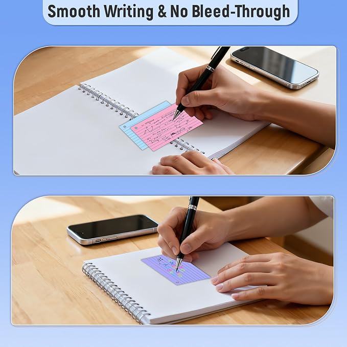200 Count 3 x 5 Inch Colored Index Cards with Binder Rings, Lined & Blank Study Cards, Thick Cardstock Flash Cards for Students & Teachers, Color-Coded Notecards for School, Home, Work