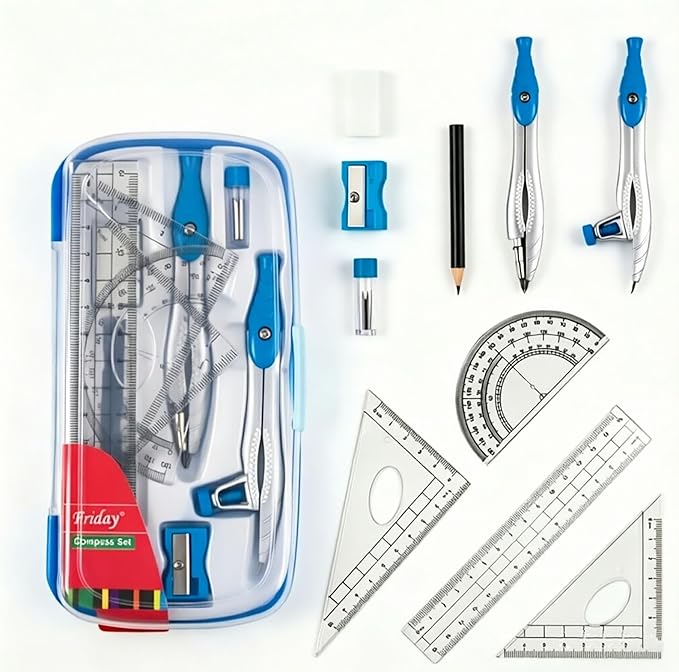 Marte Vanci 10 Piece Geometry Set, Math Geometry Kit with Storage Case, Includes 2 Compasses Rulers Protractor Pencil Eraser Sharpener Lead Refills Student Supplies for Drafting, Math Study (Blue)