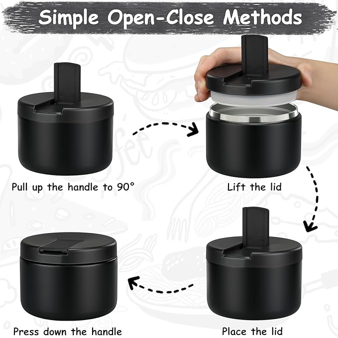Pawtong 12oz Insulated Vacuum Food Jar with Buckle Lid Wide Mouth Soup Thermo for Hot Food Kids Leakproof Stainless Steel Lunch Container- Black- 1Pack