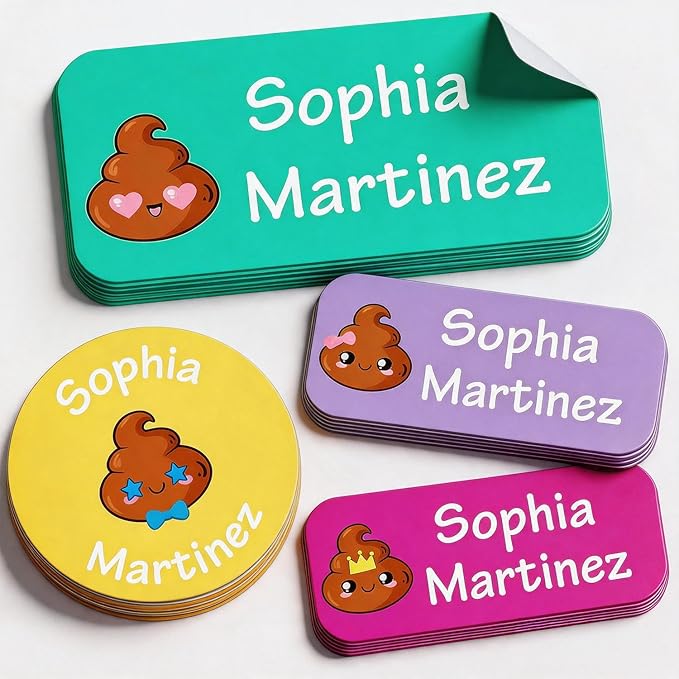 Waterproof Custom Name Stickers (135 Labels) - Personalized Daycare Labels for Clothing, Water Bottles, Lunch Boxes & School Supplies - Ideal for Camp & Daycare - No-Iron (Funny Poopy 2)