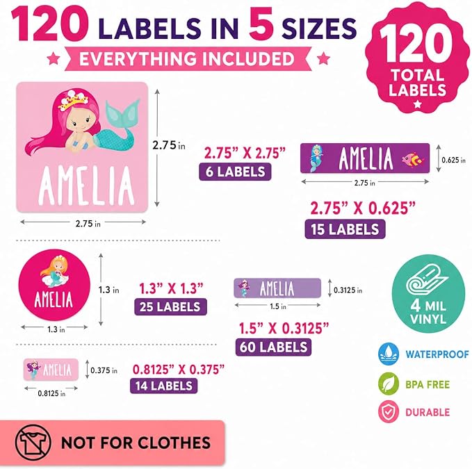 Andaz Press Mermaid 120-Pack Custom Personalized Waterproof School Name Labels, Kids Labels Combo Pack, Customizable Multi-Use Name Stickers