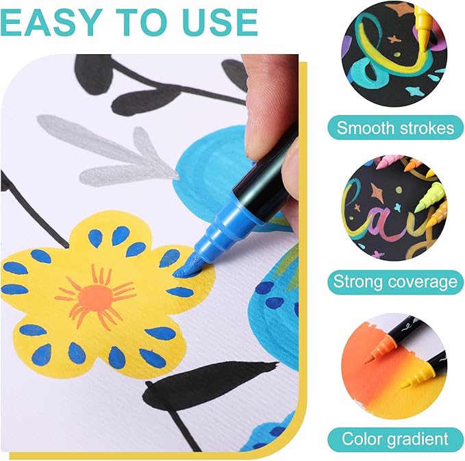TOSHARE 12 Colors Acrylic Paint Markers, Brush & Fine Dual Tip Acrylic Paint Pens for Rock, Wood, Paper, Fabric, Canvas, Glass, Ceramic, Egg, Scrapbook and DIY Crafts Supplies Art Gifts