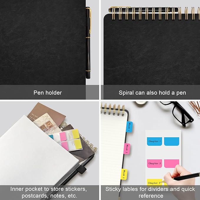 A4 Top Spiral Notebook, Large Leather Hardcover Top Bound Steno Pads, 240 Pages 100 gsm Thick Lined Paper Left Handed Notebook Journal for Work, School, Meeting Writing - Black, 8.5" x 11"