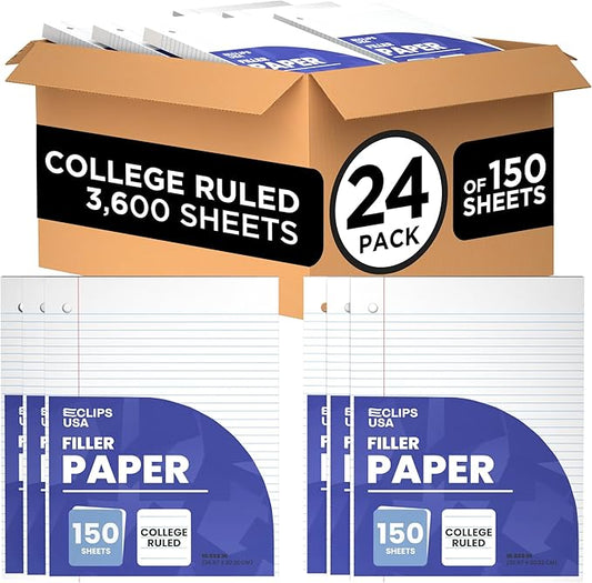 Loose Leaf Paper College Ruled Notebook Paper College Ruled Lined Writing Filler Paper 10.5” x 8” 3600 Sheets 150 Sheets Per Pack 60 gsm (24 Pack)