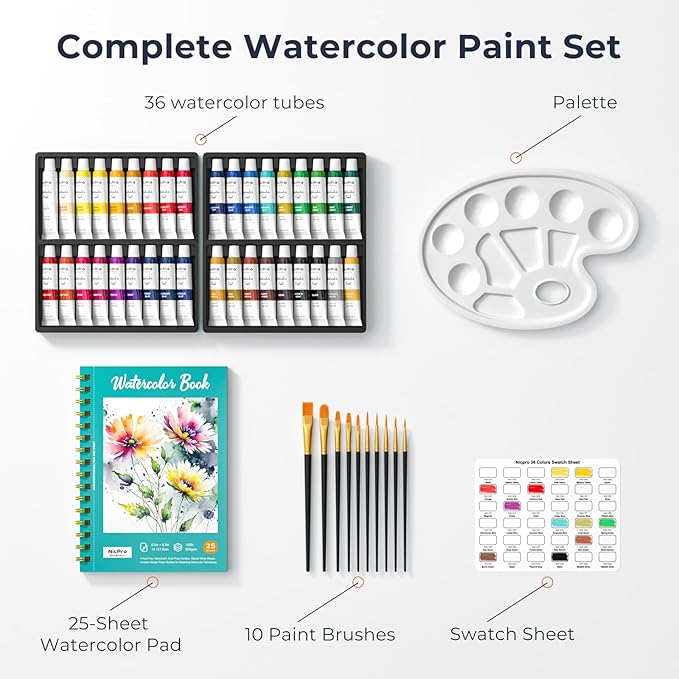 Nicpro Watercolor Paint Set for Adults, 36 Colors Watercolor Tube (12ml,0.4oz) with10 Paint Brushes, 25-Sheet Watercolor Paper Book, Palette, Water Color Painting Supplies for Artists Beginners Gift