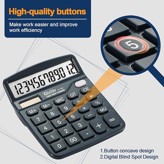 Calculator, 12 Digits Desk Calculators with Large Display LCD & Sensitive Big Buttons Dual Power Solar with Battery Standard Functions Basic Calculators for Offices Home Schools CF-1453