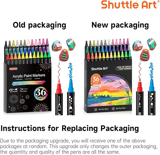Shuttle Art 36 Colors Dual Tip Acrylic Paint Markers, Dot Tip and Fine Tip Acrylic Paint Pens for Rock, Ceramic, Wood, Canvas, Plastic, Glass, Stone, Calligraphy, Card Making, DIY Crafts