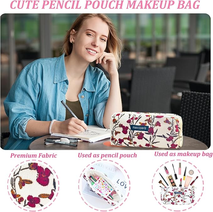 Pencil Pouch Cute Pencil Case Office Storage Bag Holder Box Organizer Aesthetic Bow Flower Pattern Makeup Pouch Cosmetic Bag for Women Girls