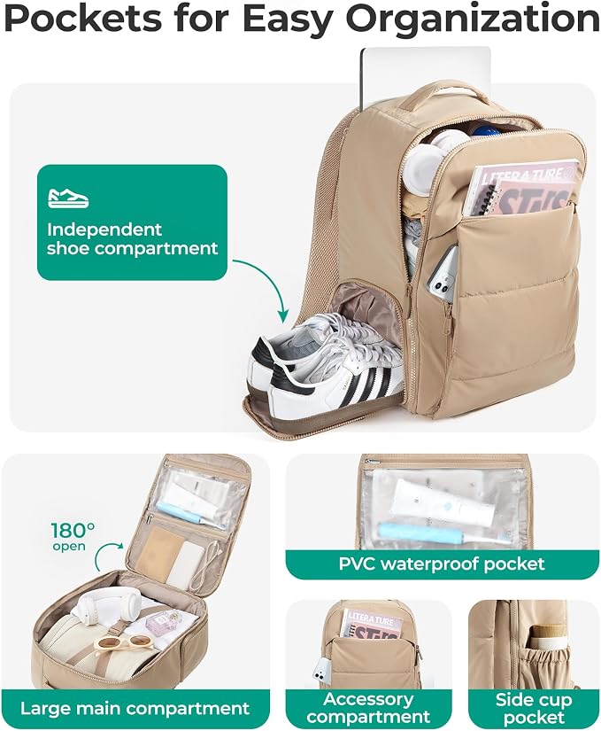 BAGSMART Travel Backpack for Women, Gym Backpack with Shoe Compartment | Carry on Backpack Airline Approved, PVC Wet Pocket, Fits 15.6" Laptop, Large Side Pocket, Lightweight, Water-resistant