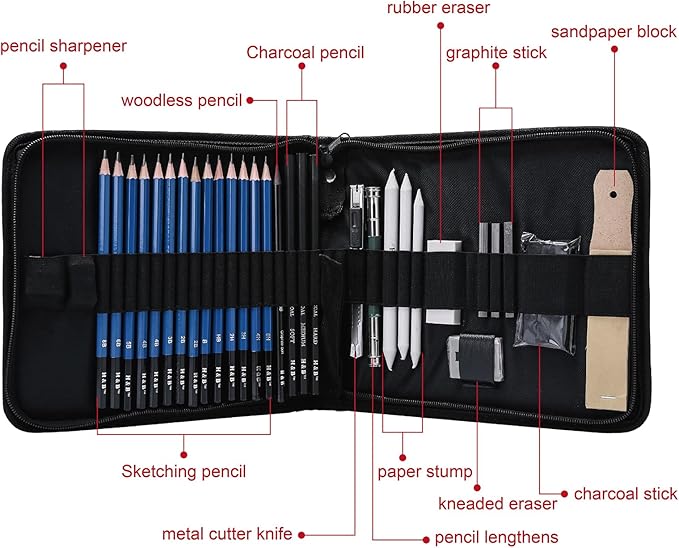H & B 36 Pack Drawing Set Sketch Kit,Sketching Supplies with 2 sketch pad, Graphite Pencils, Charcoal Sticks, Eraser, Pro Art Drawing Kit for Artists Beginner Adults, Ideal for Shading, Blending