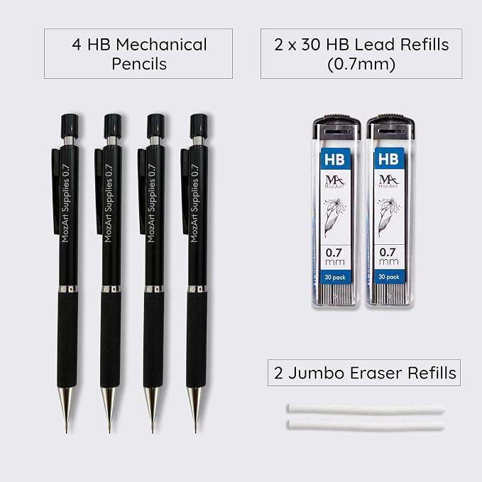 MozArt Mechanical Pencil 0.7mm Set 2x30 HB Lead & Eraser Pen Refills | Metal Mechanical Pencil with Lead & Eraser Refills – Sketch, Architecture, Drafting & Art for Students, Artists & Beginners