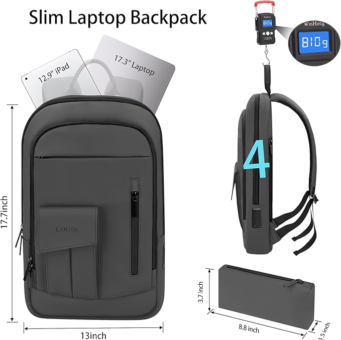 Business Backpack for Men Slim Lightweight Laptop Backpack for 17.3 Inch Computer Water Resistant Small Office Backpack for Commute Travel Daily Office Work with Small Bag (Grey, 17.3")