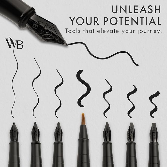 Wordsworth & Black Calligraphy Pen Gift Set, Includes Ink Bottle, 6 Ink Cartridges, A Refill Converter, 6 Replacement Nibs, Journaling, Smooth Writing Pens [All Black]